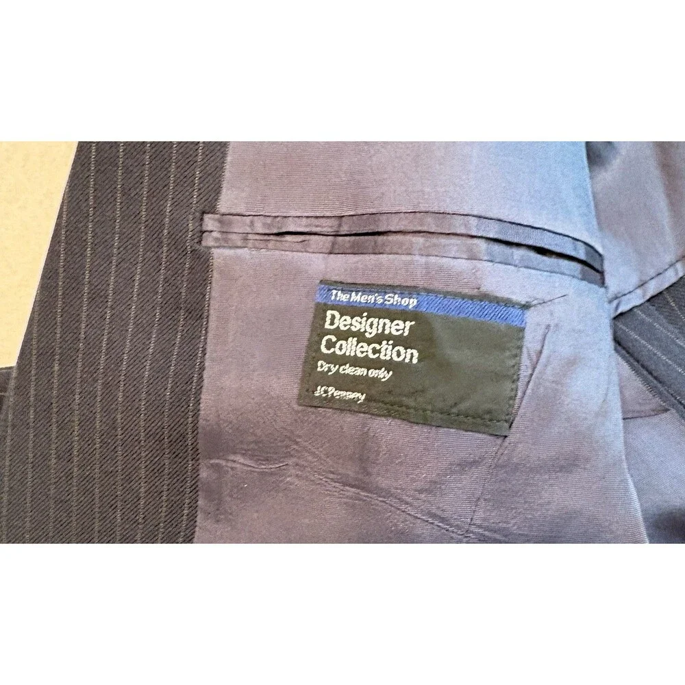 JCPenney The Men’s Shop Pinstripe Suit 44R 36x31 Navy 2 Button Wool Blend